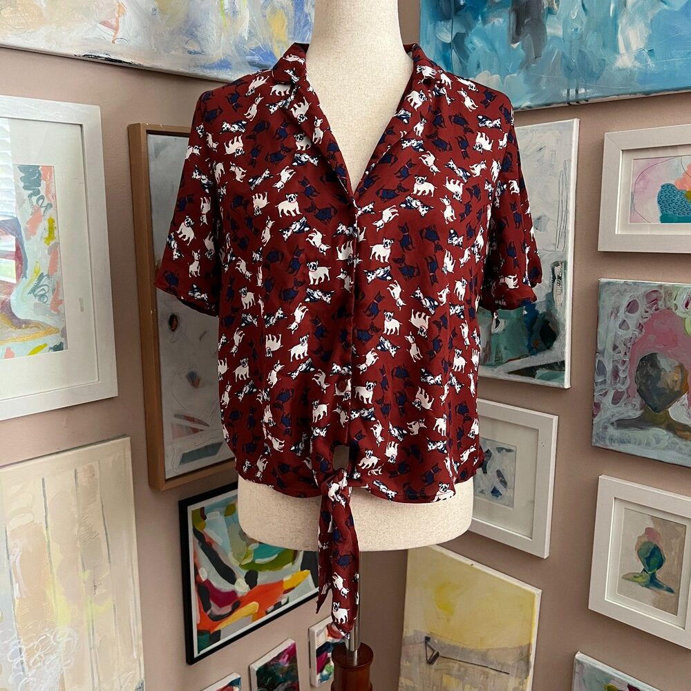 Monteau Red French Bulldog Dog Print Tie Front Short Sleeve Blouse Quirky Size M